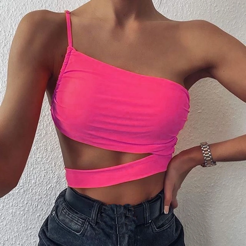

One Shoulder Shirt for Women Sexy Summer Crop Tops Strapless Ladies Tanks and Camisole Hollow Out Short Shirt Ropa Mujer