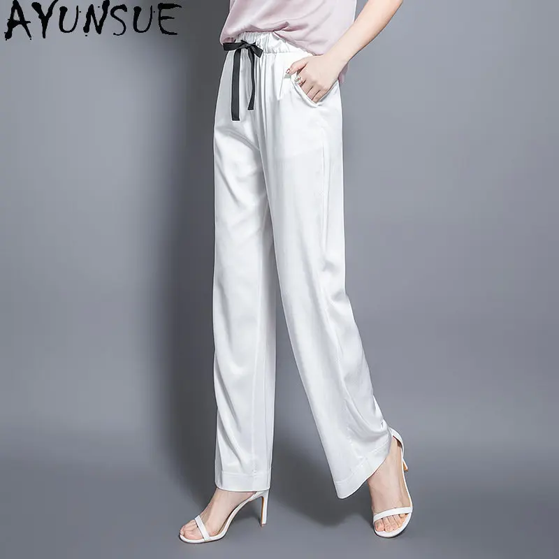 95% Mulberry Silk Summer Trouser Elegant Women Pants High Waist Lace-up Show Thin Long Pants Woman Clothing Thin Straight Pants