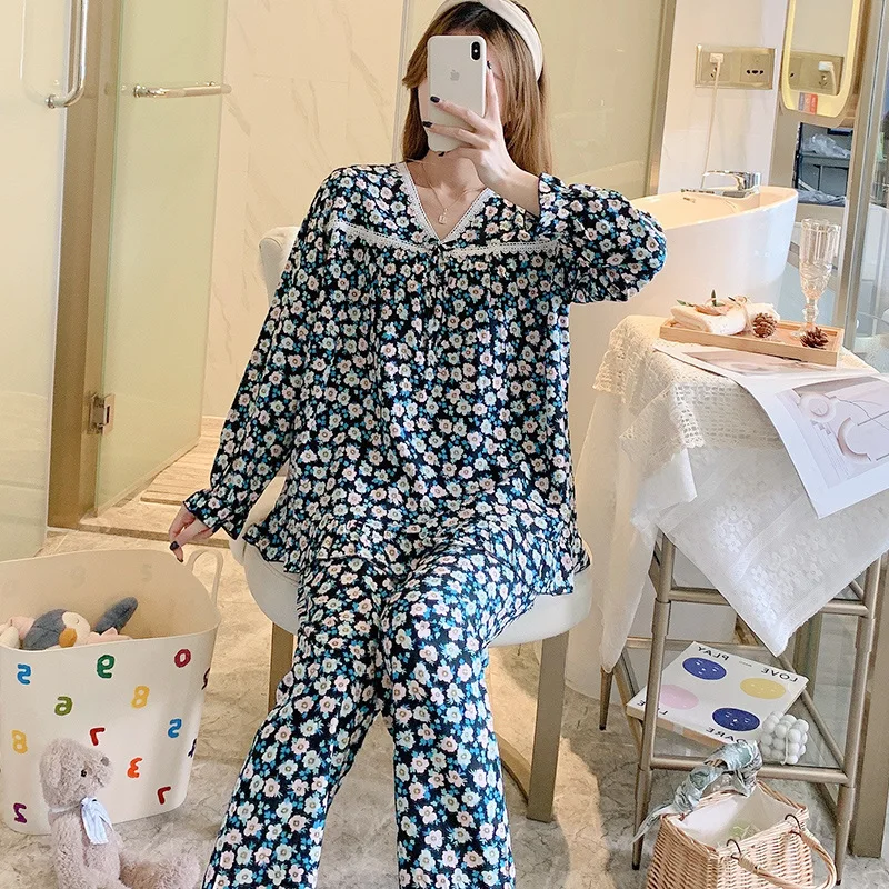 Pajamas For Women Spring Autumn Small Flowers Cotton Silk  Mother Dress Silk Suit Large Size