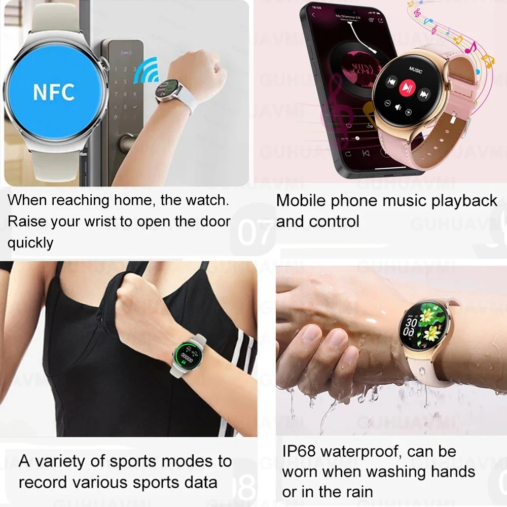 Фото Для HUAWEI IOS женские часы 4, мини-смарт-часы AMOLED NFC, часы с пульсометром, BT Call, GPS, женские умные часы для женщин, розовый, индивидуальный циферблат №5