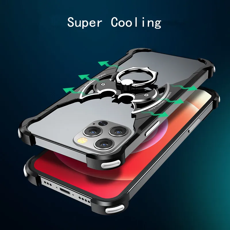 

Metal Anti-fall Bumper Case for iPhone 12 11 Pro Max Bat Shape Metal Airbag Case With Ring Holder Cover