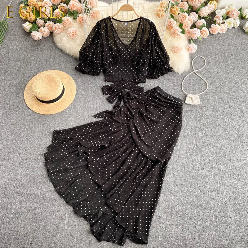 E GIRLS Sexy Polka Dot Chiffon 2pcs Set Women Elegant Flare Sleeve Short Tops + Ruffle Irregular Skirt Female Two Piece Suit New