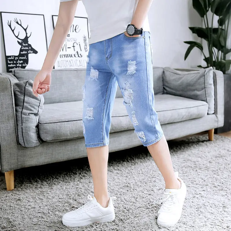 2023 New Cropped Jeans Men's Spring and Summer Thin Broken Men's Korean Version Slim Pants Trend Men's Denim Shorts  Jeans Men