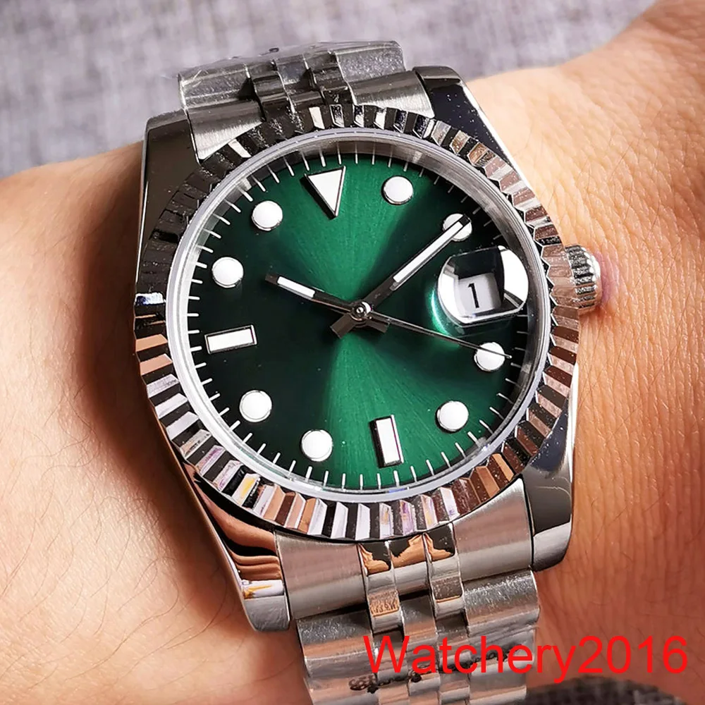 

36mm Sapphire Glass Men's Watch Japan Miyota 8215 NH35 Automatic Movement Green Dial Coin Bezel Bracelet Date Cyclops