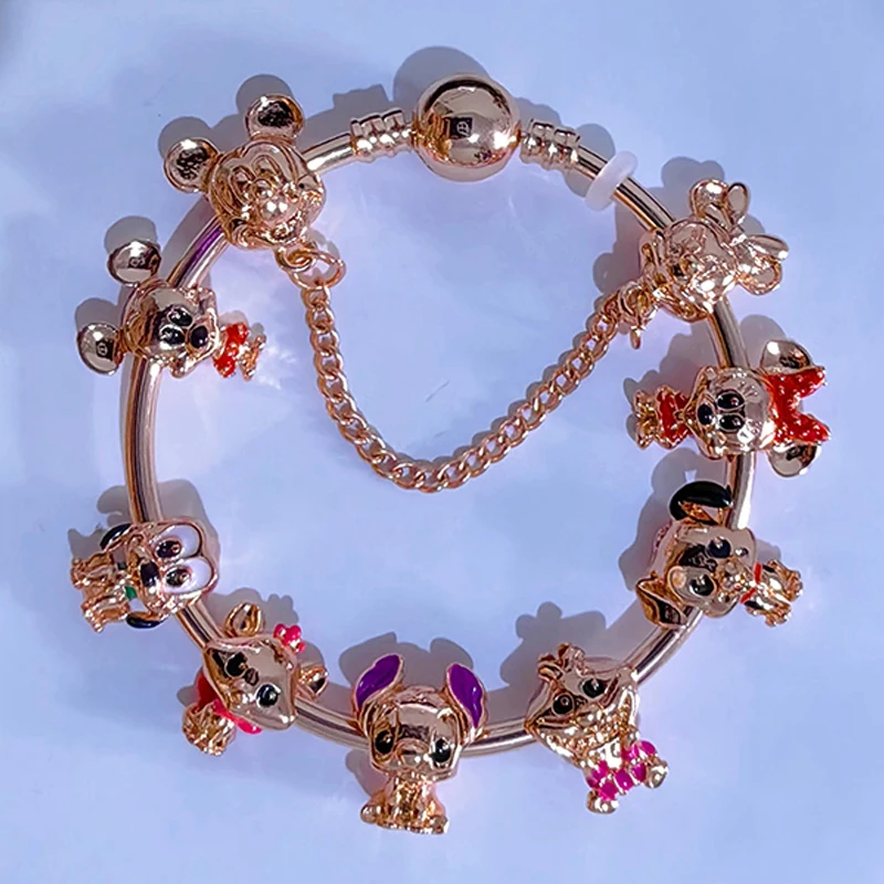 

Disney Rose Minnie Mickey Mouse Bangles Men Cute Marie Cheshire Beads DIY Jewelry For Women Cartoon Pluto Stitch Charms Bracelet