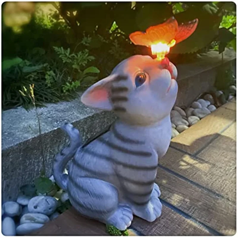 Solar outdoor Cat Garden Statues light Garden Statue Resin Cat Decorative Animal lamp Cat with Butterfly Garden Statues Christma