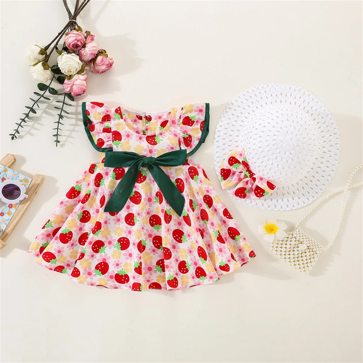 

Girl'S Dress Send A Sunshade Hat Summer New Strawberry Small Fragmented Flowers Bowknot Chiffon Cool Beach Knee Length Daily