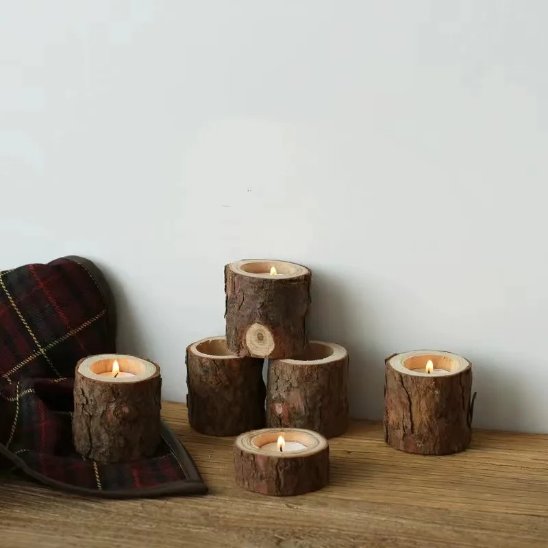 

Candlestick Holder Retro Unpainted Wood Classic Candlestick Tree Stump Party Photography Props For living Room Home Decorations