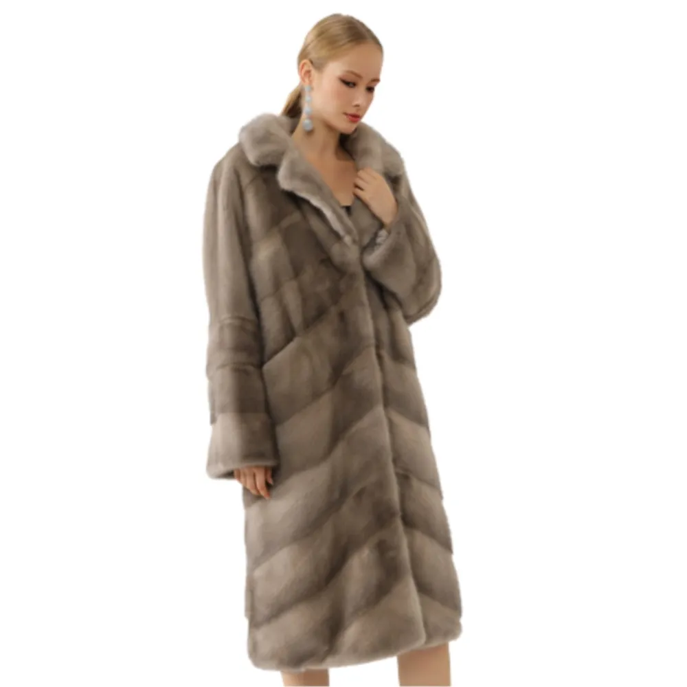 Women Winter Luxury Real Mink Fur Coat Female Genuine Leather Mink Coats Lady Turn-down Collar Lengthen Natural Fur Coat X-large