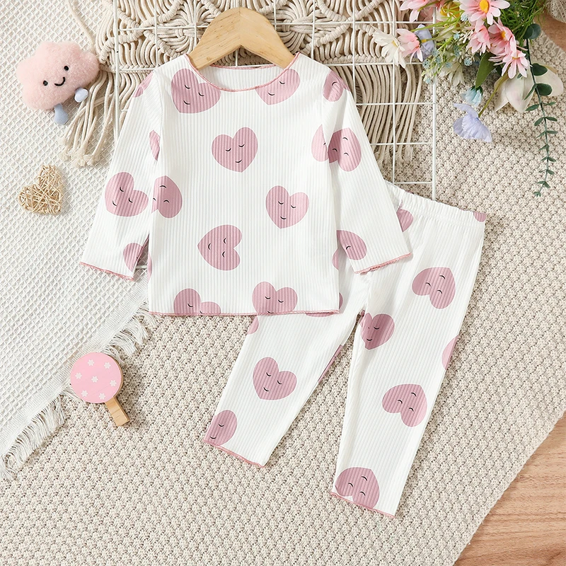 

Пижама в рубчик для маленьких девочек, трикотажный комплект из 2 предметов, с принтом сердец, штаны, удобный костюм на День святого Валентина