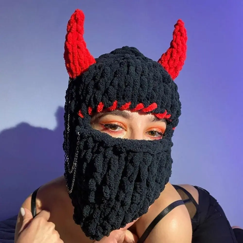 

Men Women Cosplay Party Balaclava Hat Full Face Cover Ski Hat Funny Horns Knitted Hat Warm Beanies