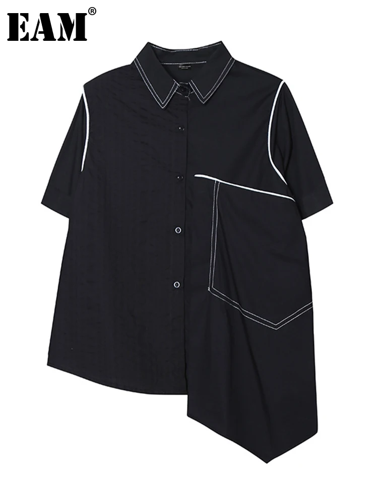 

[EAM] Women Black Irregular Big Size Blouse New Lapel Short Sleeve Loose Fit Shirt Fashion Tide Spring Summer 2022 1DE7315