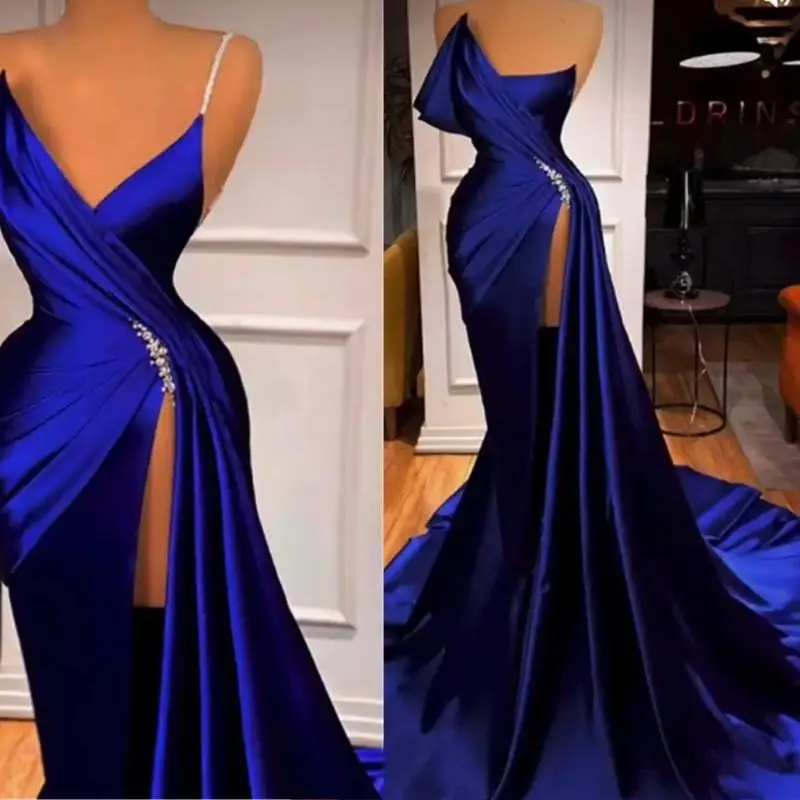 

New Royal Blue Evening Dress for Women with Side Slit Mermaid V-Neck Sweep Train Beaded Party Formal Occasion Elegantes Vestidos