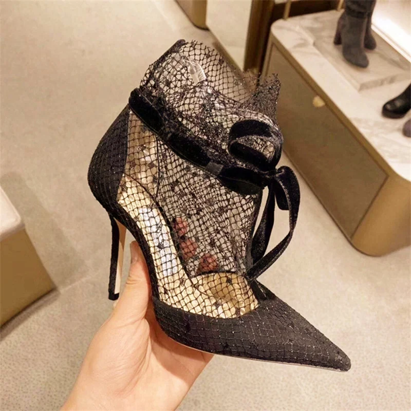 

2023 Spring The New Mesh Hollowed-out Shallow-pointed High-heeled Shoes For Women's Stilettos And Sexy Lace Banquet Pumps