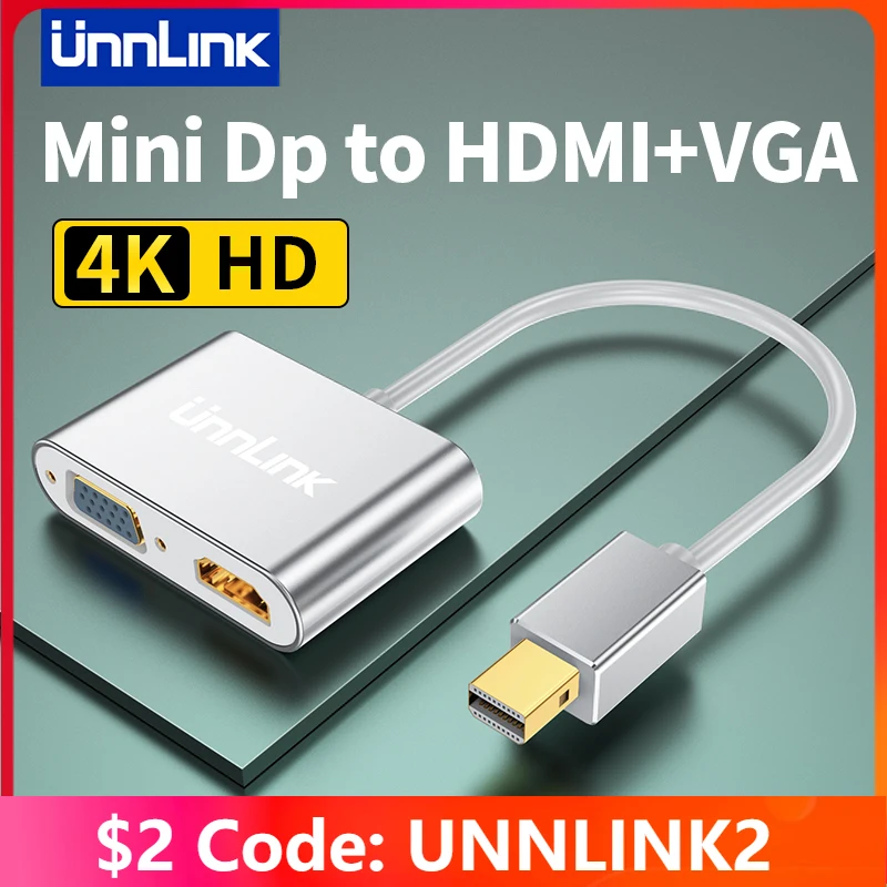 

Unnlink 2 In 1 Thunderbolt Mini DP to HDMI VGA Adapter 4K 1080P Displayport Hub Cable Converter for Macbook Pro Air to TV