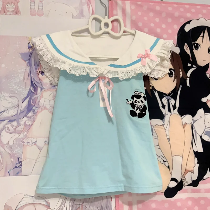 

Japanese Gothic Lolita Style T-Shirts Women Harajuku Kawaii Lace O Neck Bow Panda Embroidery Tops Girls Sleeveless Backless Tees