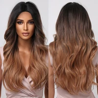 long wavy brown ombre natural hair wigs synthetic wigs middle part for african%c2%a0american women daily use heat resistant