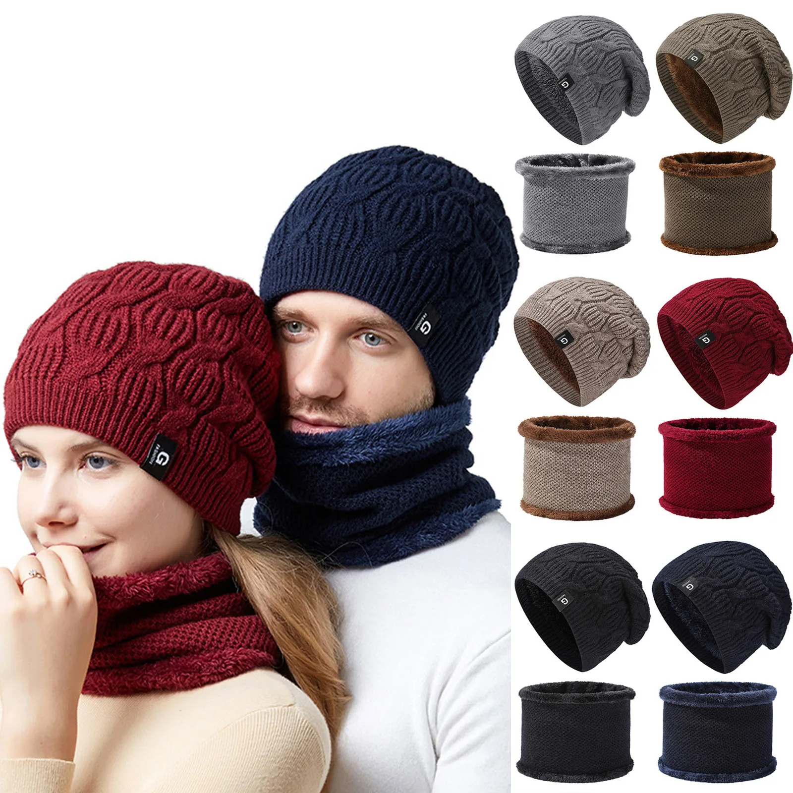 

Winter Knitted Hats Women Thick Warm Ski Hat Sets Female Windproof Beanie Caps Outdoor Riding Set Siamese Scarf Collar Girl Gift