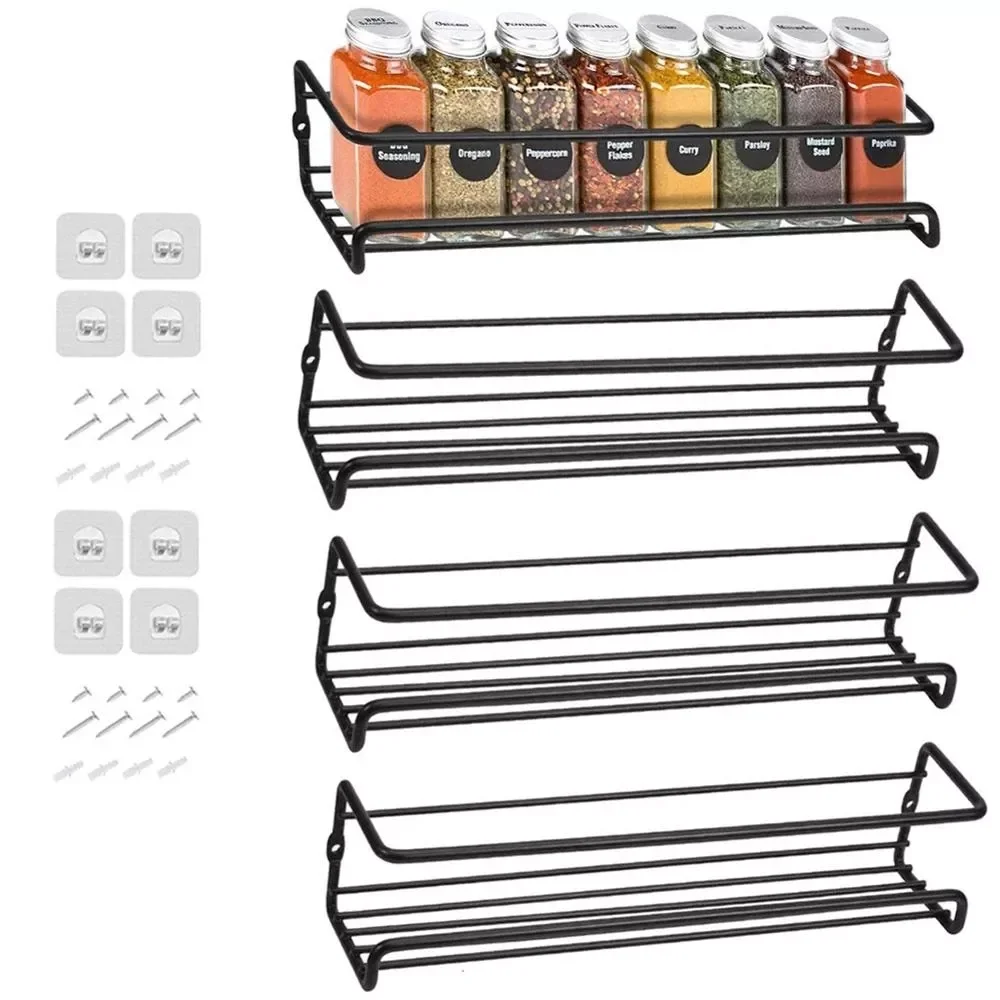 

4Pc Wall Mount stainless steel Spice Rack Organizer Hanging Spice Racks Single Layer For Door Cupboard kitchen Accessories