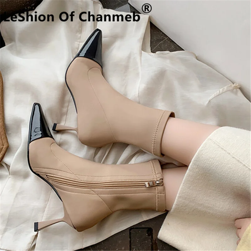 

LeShion Of Chanmeb Роскошные брендовые разноцветные ботильоны женские элегантные Ботинки на каблуке с котятами с острым носком на молнии женские о...