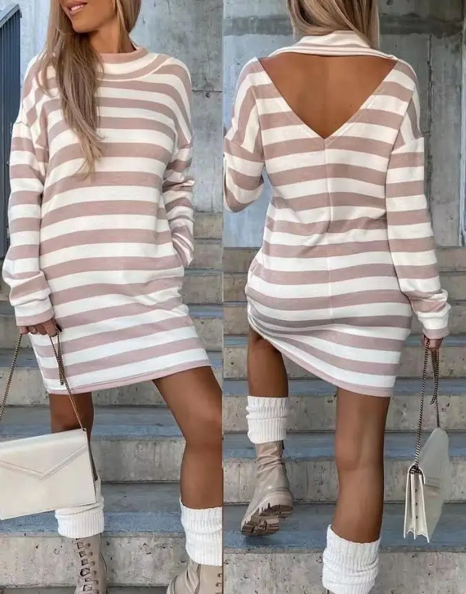 

Striped Print Open Back Long Sleeve Dress
