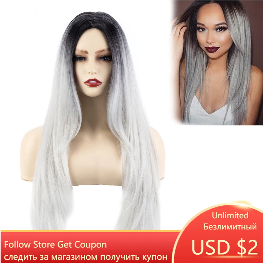 

GNIMEGIL Gray Wigs for Women Synthetic Hair Long Ombre Grey Color Natural Straight Dark Roots Christmas Costume Party Fun Wig