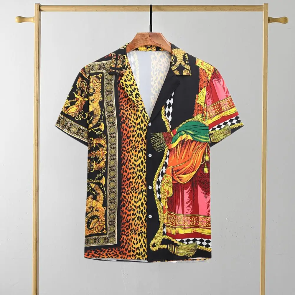 

Breathable Trendy Turn-down Collar Leopard Pattern Men Tops Soft Fabric Shirt Quick Dry Daily Clothes
