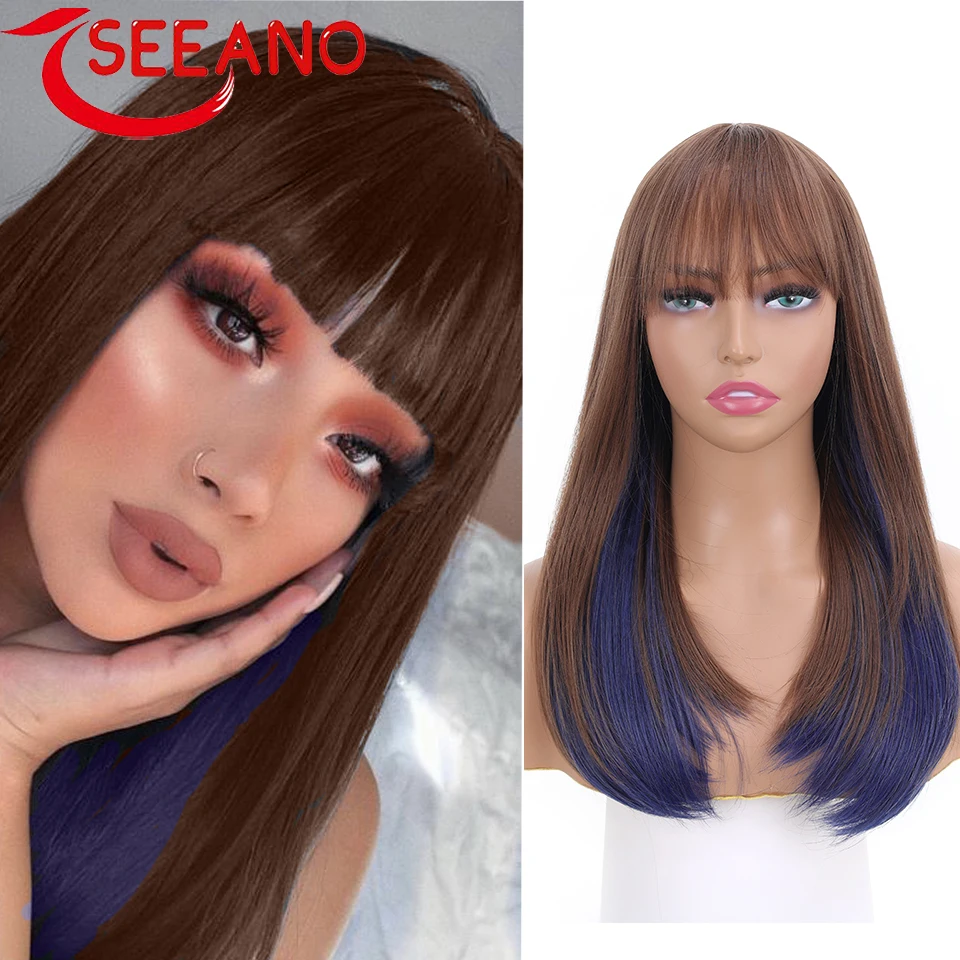 

SEEANO Synthetic Hanging Ear Dyed Wig Set With Bangs Medium Long Brown Blue Chemical Fiber High Temperature Resistant Wig