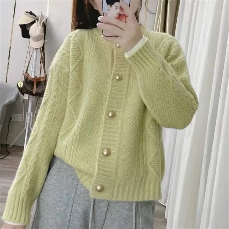 

O-neck Twist Knitted Cardigan 2023 Autumn Winter Loose Soft and Waxy Thicken Sweater Casual All-match Outwear Lady Vintage Coat