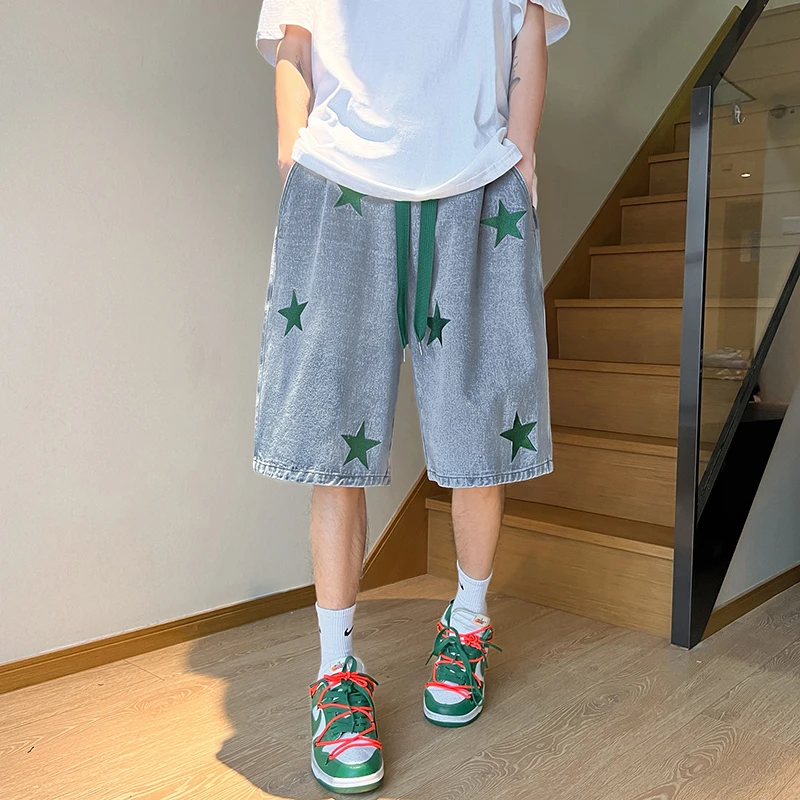 Джинсовые шорты с вышивкой эластичным поясом и кулиской для мужчин идеально