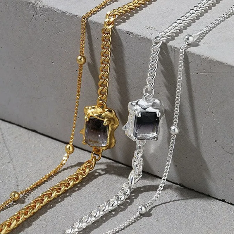 

925 Sterling Silver Luxury Double-layer Chain Design Irregular Bangles Platinum For Women Punk Accessories Jewellery Fine 2021