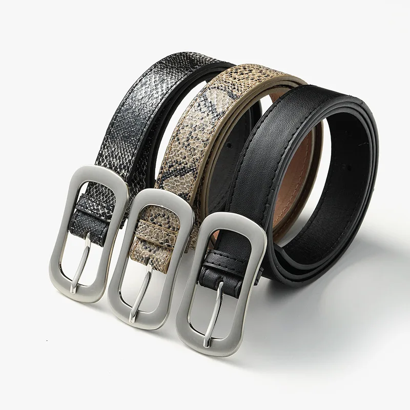

snake print belt for Women square Buckles Female Deduction Side silver solid Jeans Belts pin PU Leather Luxurious Waistband 2022
