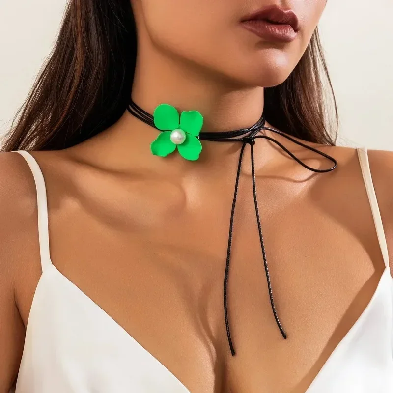 Гладкое атласное колье-чокер с цветком для женщин модная длинная веревочная