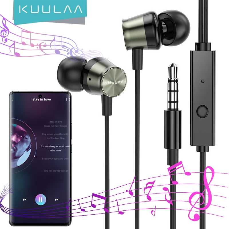 

Наушники-вкладыши KUULAA 3,5 мм, проводные наушники с управлением, Спортивная колонка, металлические стереонаушники, наушники для iPhone, Samsung