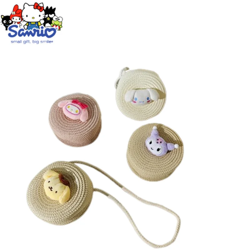 

Kawaii Sanrio Cinnamoroll Childrens Grass Woven Bag Cartoon Small Round Bag Cute HelloKitty Kuromi Girl Woven Zero Wallet Gift