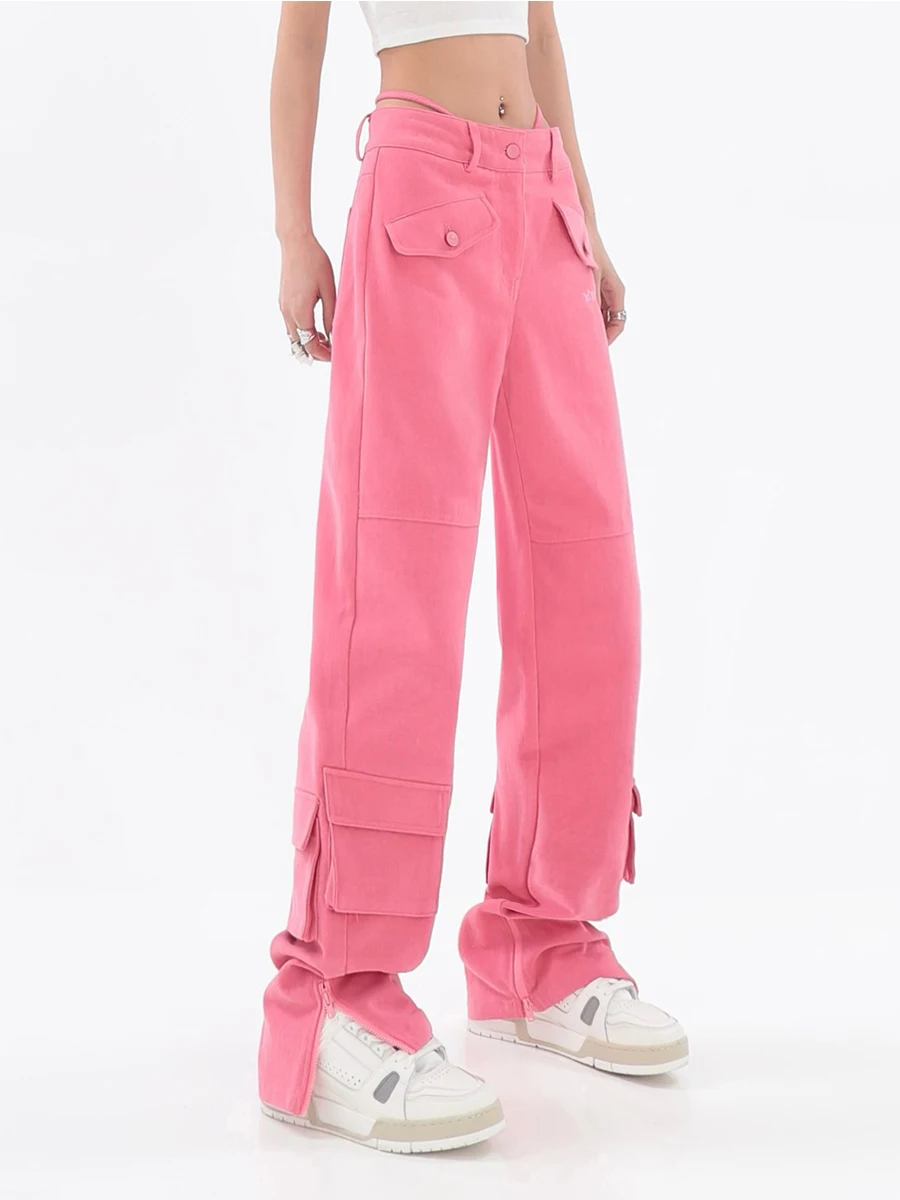Women's Pink Cargo Jeans Pocket Straight Vintage Streetwear High Waist Casual Fashion Baggy Wide Leg Slit Denim Trouser Ladies