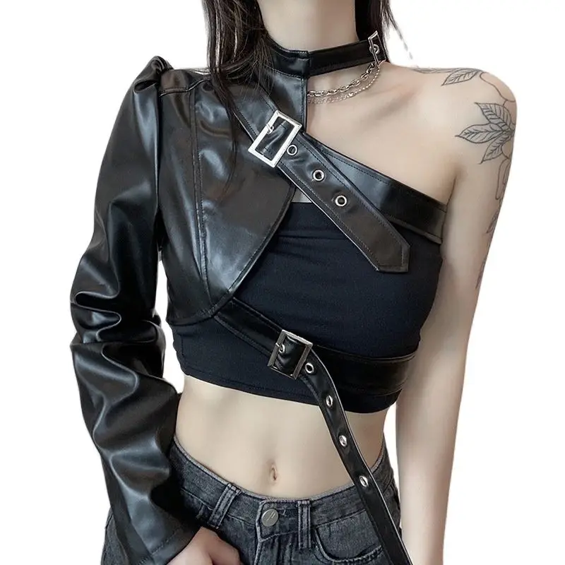 

New Jacket Handsome Irregular Metal Buckle Hanging Neck PU Leather One-sided Sleeve Women's Clothes Personality Street Style