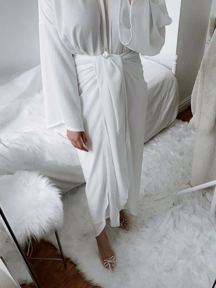 

Eid Two Pieces Wrap Dress Set Inner Abaya Women Muslim Long Dresses with Tied Skirt Matching Suit Dubai Turkey Modest Abayas