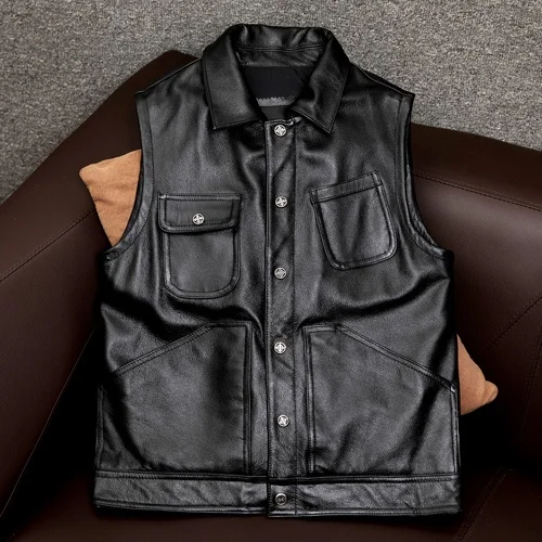 

High Quality Men's Jackets Genuine Leather Vest Men 100% Cowhide Coat Plus Size Spring Autumn 2023 De Cuero Genuino