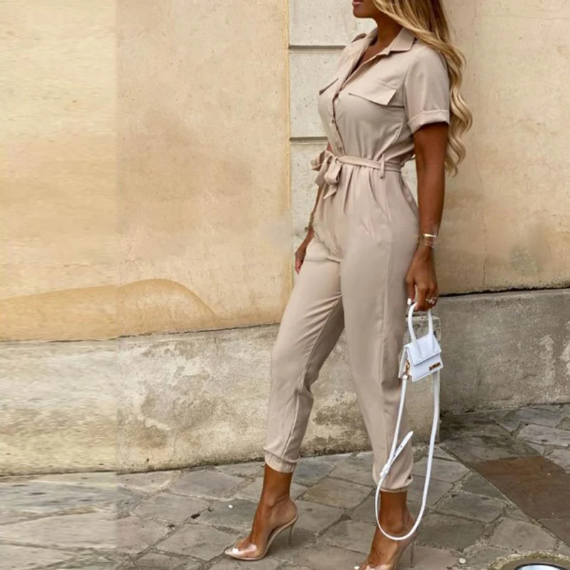 Office Lady Solid Colors Bandage Jumpsuits Army Green Overalls Formal Style Loose Casual Commute Playsuits Plus Size Bodysuits