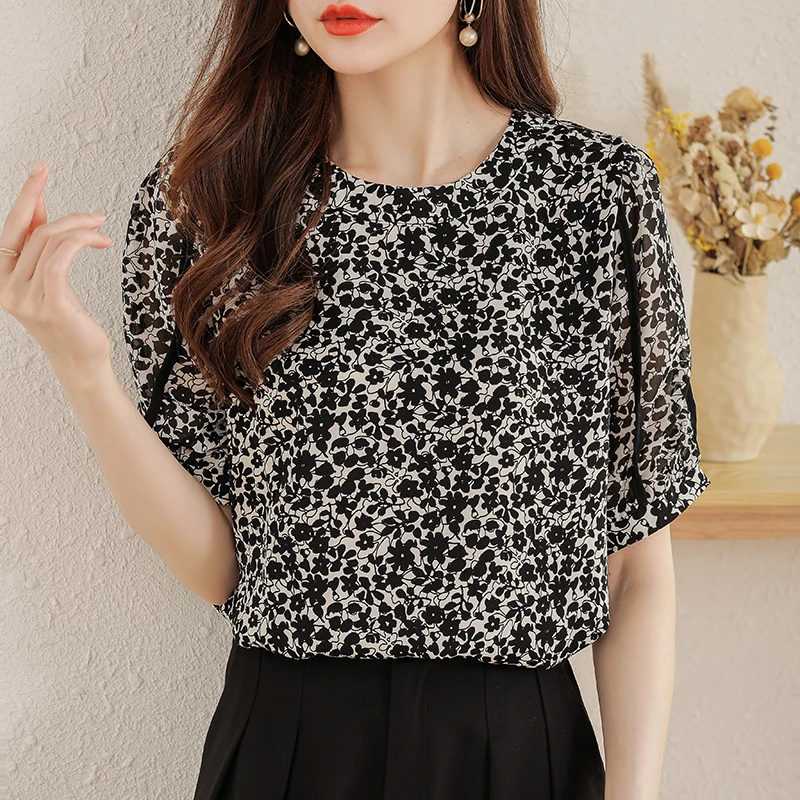

Fashion printing ladies shirts New elegant Women's Blouses 2023 Spring summer short Sleeve Shirts Tops Blusas Mujer