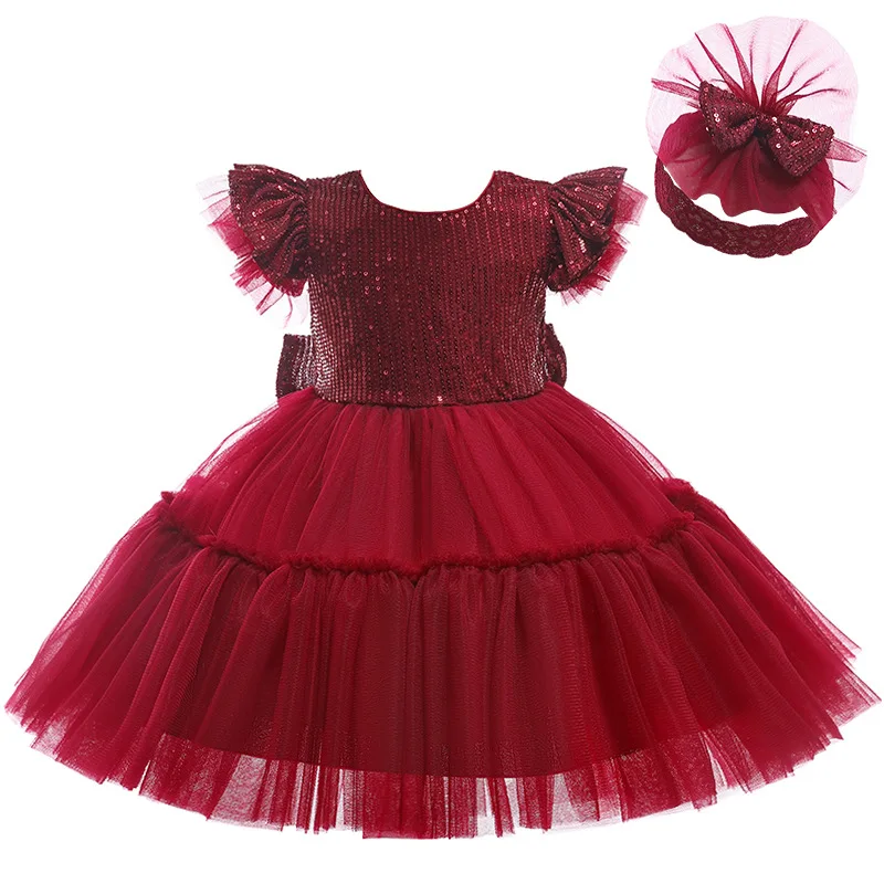 

2022 New Summer Girl Baby Birthday Party Sequin Bow Girl Lace Baptism Christmas Prom Costume Girl Dress Children Clothing 1-5 Y