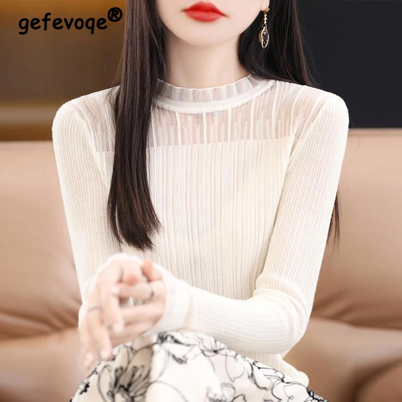 

2023 Women Korean Fashion Sexy Mesh Patchwork Knitwears Female Ruffle Solid Long Sleeve Slim Basic Pullover Tops Elegant Jumpers