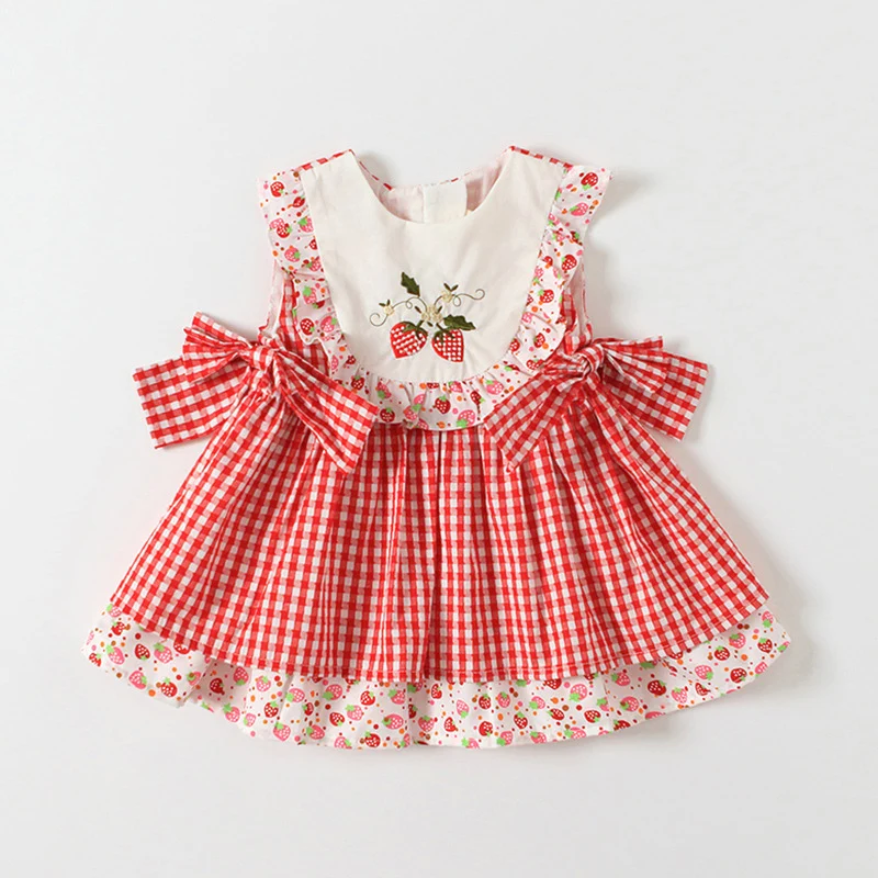 

Новинка, летние платья для маленьких девочек, милое клетчатое платье с вышивкой клубники и милым мультяшным рисунком, одежда принцессы, женское платье