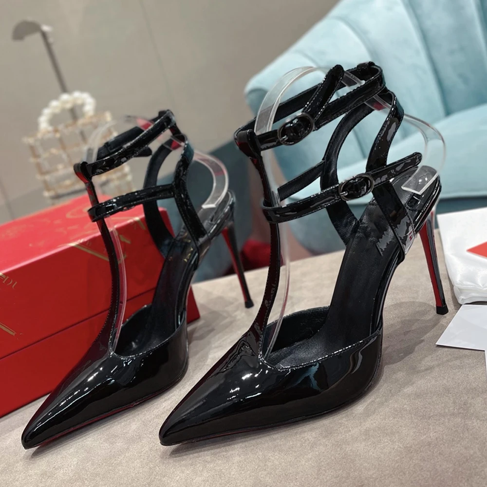 

Classic Black Lambskin Leather Sandals Heels Red Bottom Pointed Toe Ankle Straps Stiletto Heels Sexy Women Party Dress Shoes