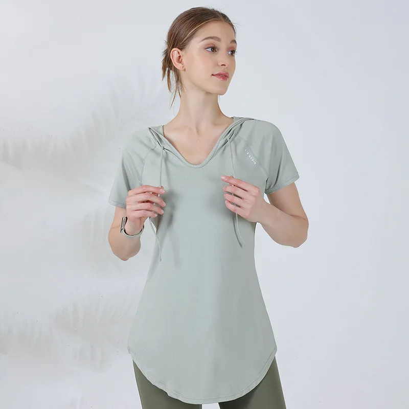 Summer Women Sport Hoodies Loose Yoga Shirts Short Sleeve Running T-Shirt Oversized Gym Fitness Hooded Tops Quick Dry Tee Blouse
