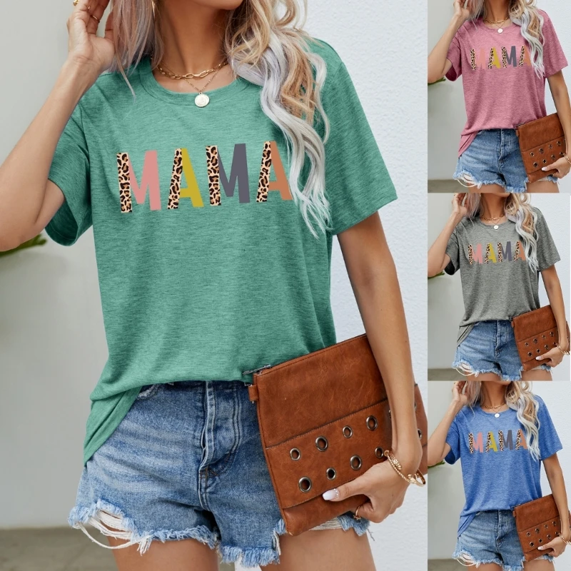

Womens Mother Day Cute Graphic T-Shirts Summer Short Sleeve Crew Neck Leopard-Print Mom Letter Printed Blouses Tunic Top