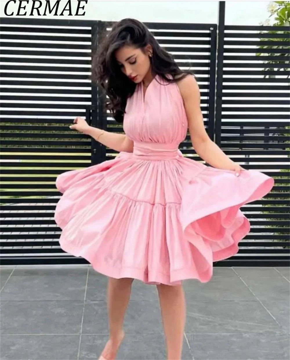 

CERMAE Satin Short Prom Dresses Dubai Halter Graduation Party Dress Tiered Skirt Formal Homecoming Gowns Special Event Gown