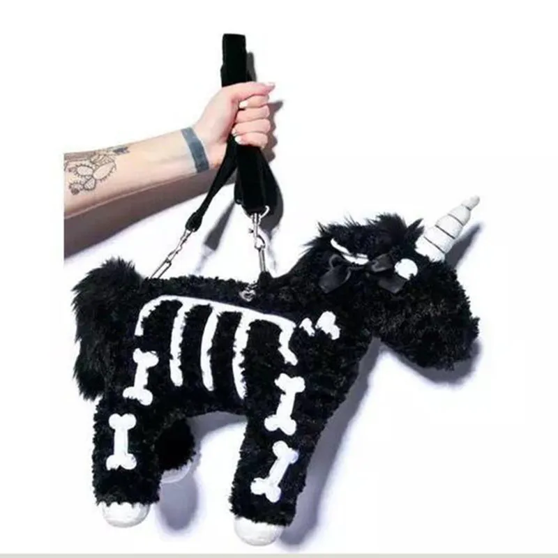 Dark Punk Unicorn Backpack Gothic Rock Black Pink Plush Flying Horse Skeleton Stuffed Crossbody Bag Gift For Friends Kids Girls
