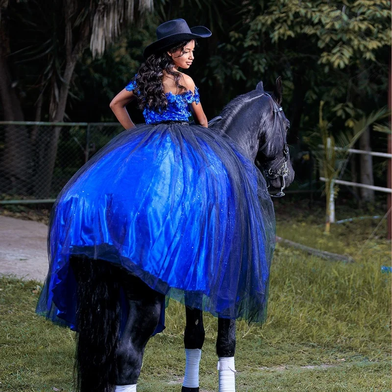 Фото Блестящее королевское синее платье Quinceanera, кружевное блестящее цветочное платье с кристаллами и длинным хвостом, платья de 15, Quinceanera ﻿ Индивидуальный №4